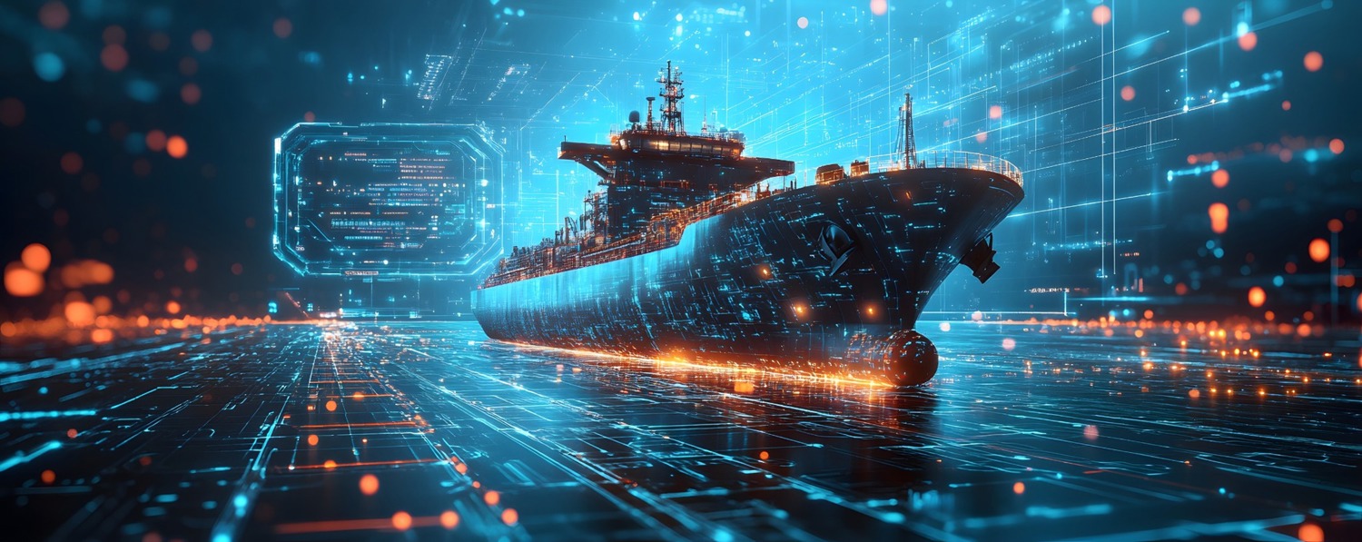 A digital visualization of a ship at sea with data interface and monitoring systems