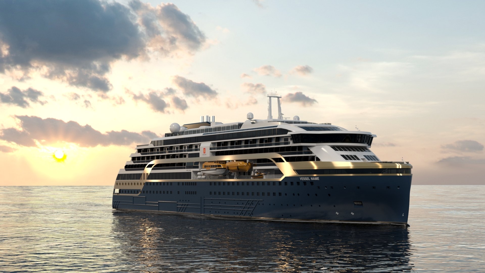 A 3D rendering of a modern cruise ship stationary in a calm ocean with a sunset on the horizon