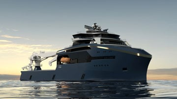 A 3D rendering depicts a modern anchor handler vessel motoring in calm seas with a sunset background