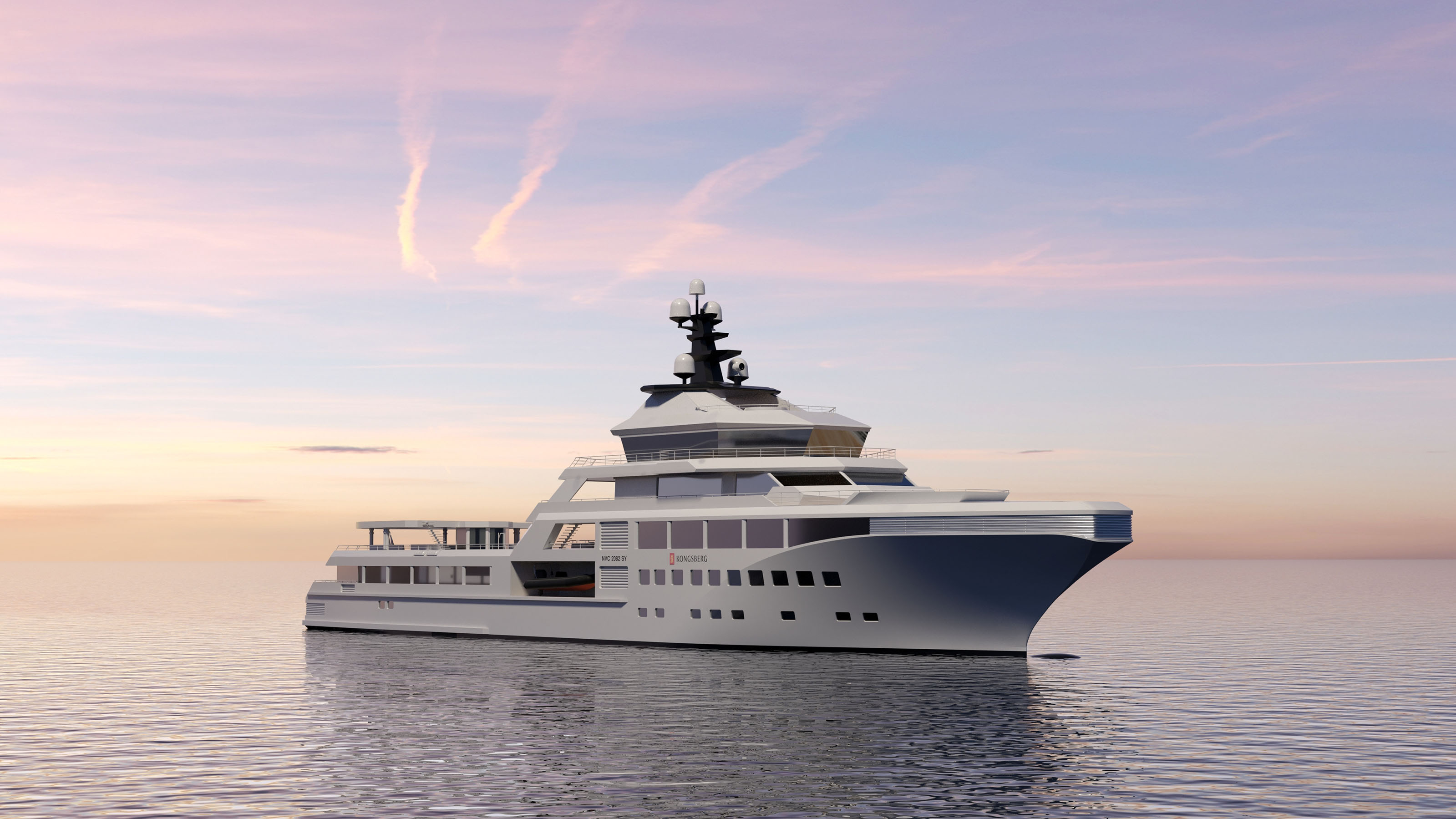 A 3D rendering shows a modern explorer superyacht at anchor in a calm sea with a sunset 