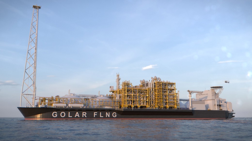 A 3D rendering depicts a Golar Floating LNG vessel still in calm seas