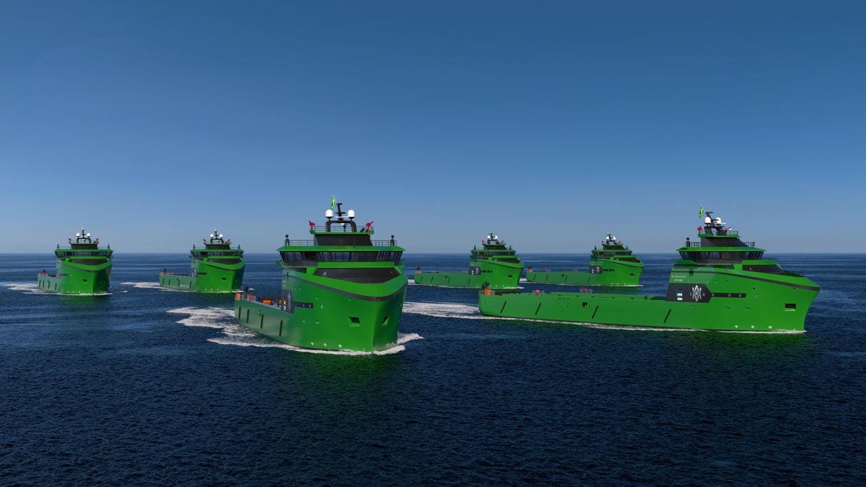 A rendering of green platform supply vessels at sea