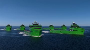 A rendering of green platform supply vessels at sea