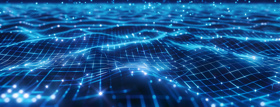 Abstract blue digital surface with flowing grid lines and glowing connection points, representing data and networked systems.