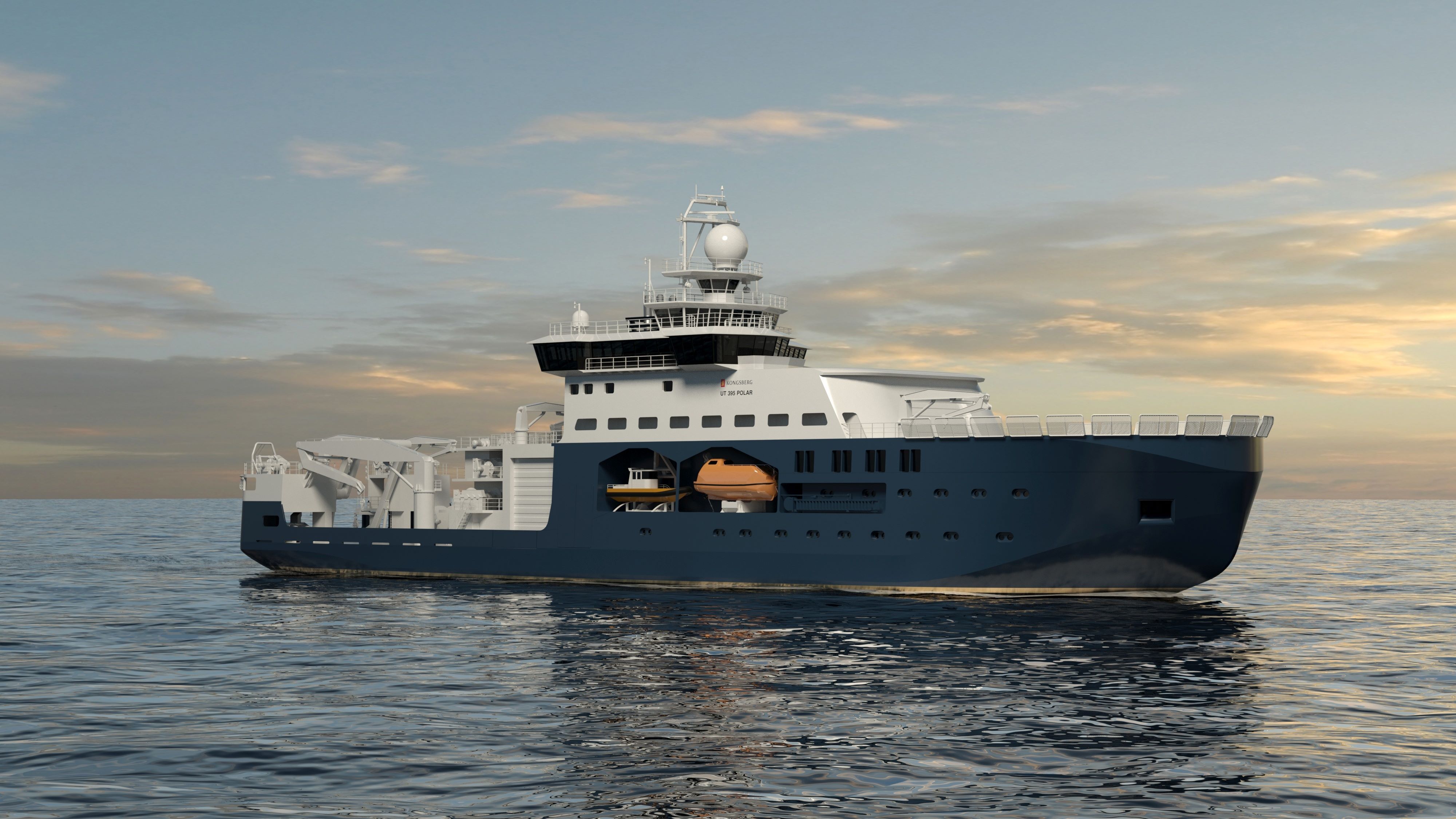 A 3D rendering shows a polar research vessel at anchor in calm seas with a sunset backdrop